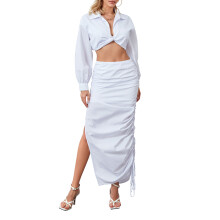 (L, White) Dámská letní sukně a long sleeve tričko s rozparkem, sada s dlouhou sukní