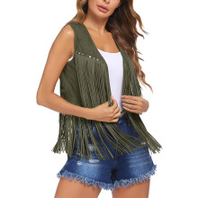 (XL, Army Green) Chaleco hippie para mujer, ligero, de color sólido, abierto al frente, sin mangas, con borlas, para ropa de calle.