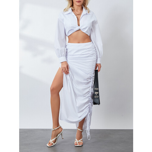 (M, White) Completo estivo da donna con gonna lunga e camicetta corta a maniche lunghe, ideale per feste. 2
