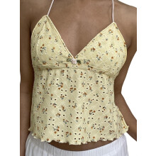 (L, Yellow) Barra Camisole Muineál Halter Mhná, Léinte Caol Gan Droim, Bróidnéireacht Súile, Prionta Bláthanna