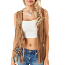 (XL, Khaki) Women Hippie Waistcoat Vest Lightweight Solid Color Open Front Sleeveless Jacket with Tassel for Streetwear Outerwear