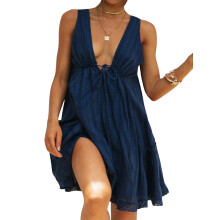 (XL, Navy Blue) Robe d’été femme décontractée, trapèze unie, décolleté V profond, à nouer, mini-robe dos nu.