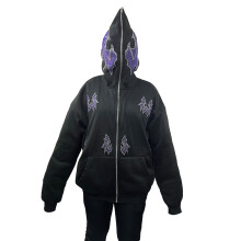 (M, Black) Women's Bat Rhinestone Pattern Hoodie, Long Sleeve Zipper Closure Sweatshirt Coat with Front Pocket