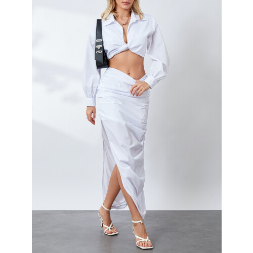 (L, White) Completo estivo da donna con gonna lunga e camicetta corta a maniche lunghe, ideale per feste. 2