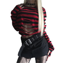 (M, Red) Camiseta gótica de manga larga con cuello redondo, rayas, holgada, para mujer, disfraz de Halloween.