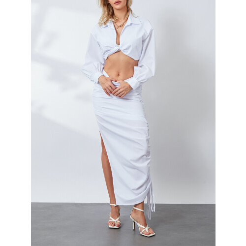 (M, White) Completo estivo da donna con gonna lunga e camicetta corta a maniche lunghe, ideale per feste. 1