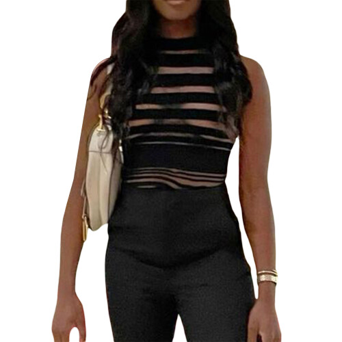 (S, Black) Γυναικεία πλεκτά αμάνικα καλοκαιρινά streetwear 1