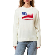 (L, White) Pulls à drapeau pour femmes, manches longues, col rond, coupe ample, en maille.
