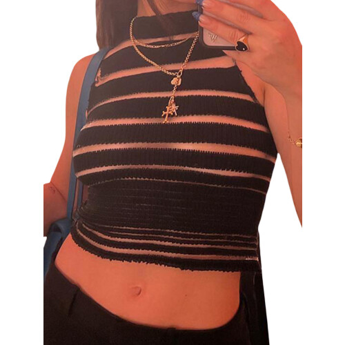 (S, Black) Γυναικεία πλεκτά αμάνικα καλοκαιρινά streetwear 2