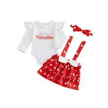 (12-18 Months, Pink) Conjunto de ropa para bebé niña: pelele de manga larga, falda con tirantes y diadema para el Día de San Valentín.