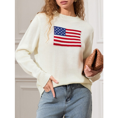 (M, White) Pulls à drapeau pour femmes, manches longues, col rond, coupe ample, en maille. 2