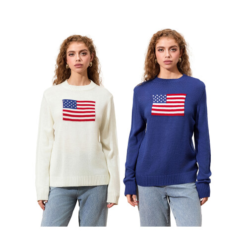 (XL, White) Pulls à drapeau pour femmes, manches longues, col rond, coupe ample, en maille. 2