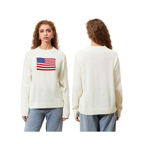 (M, White) Pulls à drapeau pour femmes, manches longues, col rond, coupe ample, en maille. 1