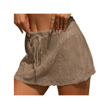 (One Size, Khaki) Jupe de plage courte en crochet pour femme, taille haute, cordon de serrage, mini-jupe tricotée