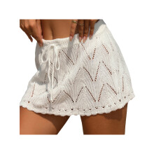 (One Size, White) Jupe de plage courte en crochet pour femme, taille haute, cordon de serrage, mini-jupe tricotée