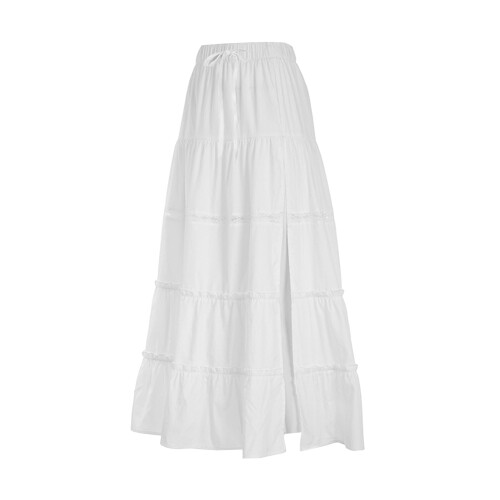 (M, White) Women's Tiered Long Skirts Drawstring Elastic Waist Solid Color Ruched Midi Skirts Side Split Skirts
