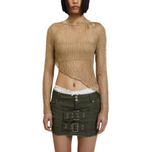 (M, Khaki) Hauts en maille ajourée pour femmes, manches longues, col rond, coupe asymétrique, crop tops, pulls streetwear