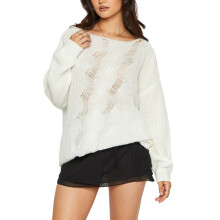 (S, White) Pull en maille pour femme, manches longues, col rond, coupe ample, style streetwear au quotidien