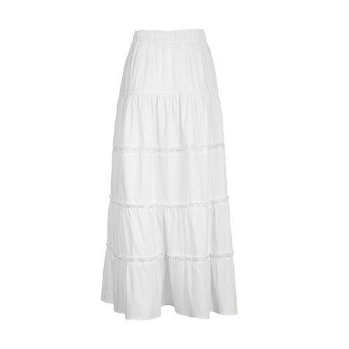 (M, White) Women's Tiered Long Skirts Drawstring Elastic Waist Solid Color Ruched Midi Skirts Side Split Skirts 2