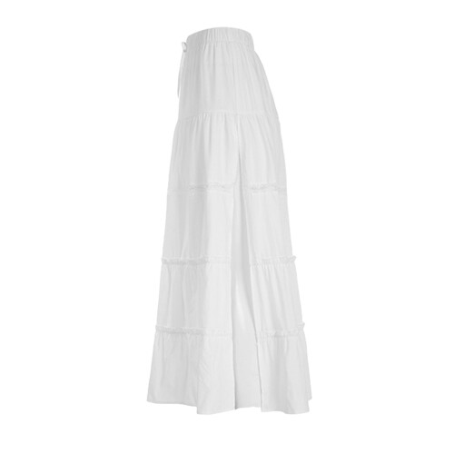 (M, White) Women's Tiered Long Skirts Drawstring Elastic Waist Solid Color Ruched Midi Skirts Side Split Skirts 1