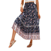 (XL, Navy) Women Long Skirt, Elegant Elastic Waist Floral Flowy Summer Swing Skirt for Casual Daily