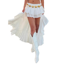 (S, White) Womens White Boho Skirt Elastic Band Waist Flowy Skirt Irregular Ruffle Asymmetrical Midi Skirt