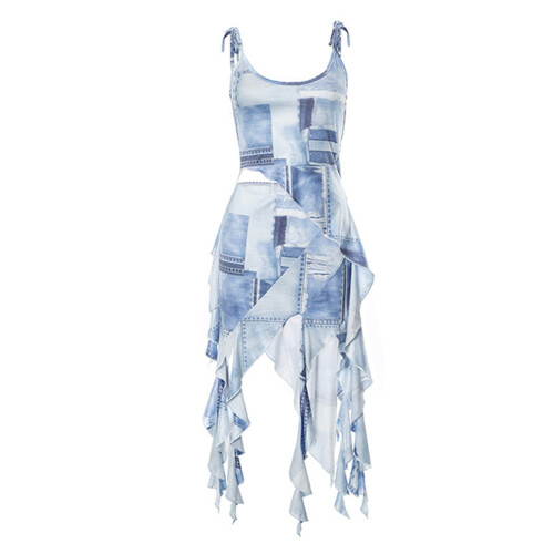 (M, Blue Denim Print) Γυναικεία Καλοκαιρινά Φούστες, 2 Τεμαχίων 2