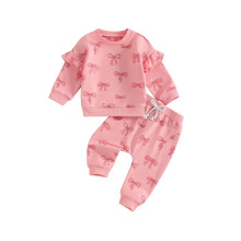 (12-18 Months, Pink) Éadaí Fómhair do Chailíní le Prionta Bogha agus Muinchille Fada + Tacar Bríste do Leanaí Óga