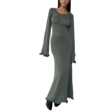 (M, Grey Green) Robe moulante en maille pour femme, manches longues, dos nu à nouer, col rond, volants, robe longue idéale plage