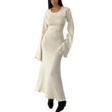 (S, White) Robe moulante en maille pour femme, manches longues, dos nu à nouer, col rond, volants, robe longue idéale plage