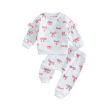 (18-24 Months, White) Éadaí Fómhair do Chailíní le Prionta Bogha agus Muinchille Fada + Tacar Bríste do Leanaí Óga
