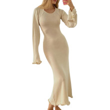(L, Beige) Robe moulante en maille pour femme, manches longues, dos nu à nouer, col rond, volants, robe longue idéale plage
