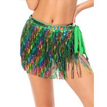 (One Size, Green) Belly Dance Skirt Boho Sequin Tassel Hip Skirt Hip Scarf Halloween Rave Dance Show Party Costume for Women