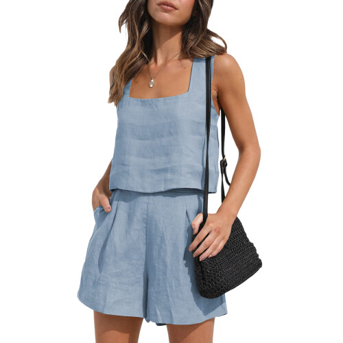 (M, Light Blue) Γυναικεία καλοκαιρινά σετ με τσέπες