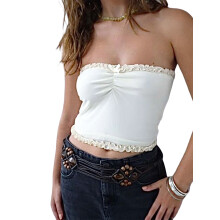 (L, White) Débardeur bustier femme sans bretelles à volants, dos nu, coupe ajustée, idéal pour l'été en club.