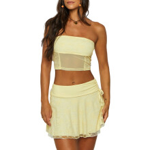 (M, Light Yellow) Dámská sukně, síťovaný top bez rukávů se stahovací šňůrkou, letní outfit