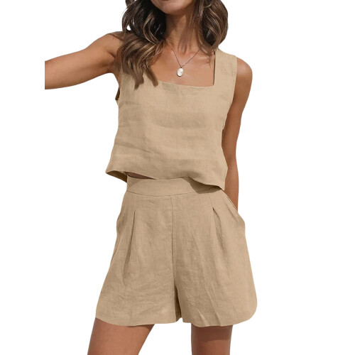 (M, Light Brown) Γυναικεία καλοκαιρινά σετ με τσέπες 2