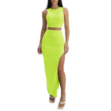 (L, Fluorescent Green) Dámské letní 2dílné oblečení, bez rukávů, kulatý výstřih, vysoký rozparek, dlouhé sukně
