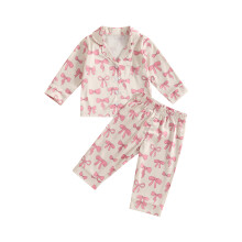 (4-5 Years, Beige) Tacair Pijamaí do Cailíní le Cnaipí Muinchille Fada agus Prionta Bogha, Léine le Bríste, Éadaí Codlata Fhómhair