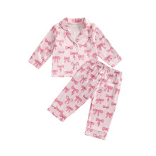 (5-6 Years, Pink) Tacair Pijamaí do Cailíní le Cnaipí Muinchille Fada agus Prionta Bogha, Léine le Bríste, Éadaí Codlata Fhómhair