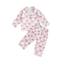 (3-4 Years, White) Tacair Pijamaí do Cailíní le Cnaipí Muinchille Fada agus Prionta Bogha, Léine le Bríste, Éadaí Codlata Fhómhair