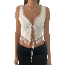 (S, Creamy) Camisetas sin mangas con encaje y lazo, tops cortos ajustados de verano para mujer, ropa de calle.