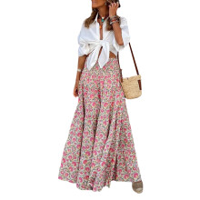 (M, Pink) Women Summer Long Skirt Large Hem Floral Print Elastic High Waist A-line Skirt for Beaches Club Streetwear