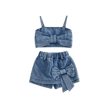 (12-24 Months, Blue) Sraith Gearrghráin do Chailíní, Camisole Denim le Gearrghráin Bogha, Éadaí Samhraidh 2 phíosa