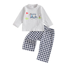 (6-12 Months, Blue) Conjunto de otoño para niños: camiseta de manga larga con estampado y pantalón largo a cuadros (2 piezas).