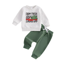 (12-18 Months, Light Grey) Conjunto navideño bebé 2 piezas: sudadera larga con estampado camión rojo y pantalón con bolsillos. Ropa invierno.