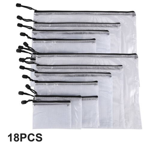 18Pcs Mesh Zipper Pouch Document Bag, 8 Assorted Size, Waterproof Plastic Zip File Folders, Multipurpose for Office,Home 1
