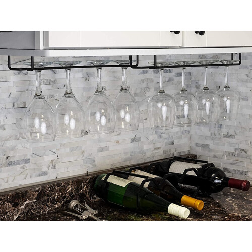 Rack de Cabide para Copo de Vinho  Sob o ArmáRio de Cozinha Bar Armazenamento Ferro Preto 17 Polegadas Conjunto de 2 2