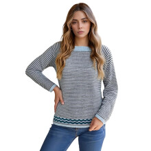 (S, Blue) Pull ample d'automne pour femme, rayé, manches longues, col rond, maille, grandes tailles
