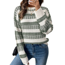 (S, Army Green) Pulls rayés d'automne pour femmes, col rond, manches longues, coupe ample, en maille, hauts d'hiver